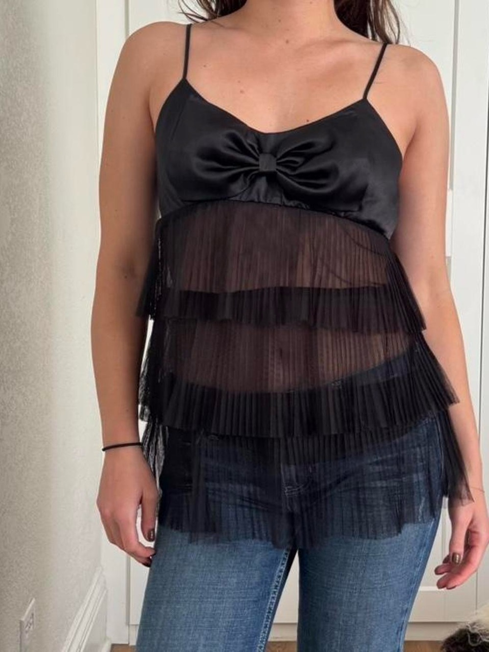 Vintage Y2K Victoria's Secret Black Mesh Cami Top with Bow Detail